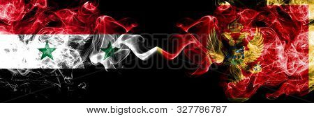 Syria Vs Montenegro, Montenegrin Smoke Flags Placed Side By Side. Thick Colored Silky Smoke Flags Of