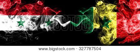 Syria Vs Senegal, Senegalese Smoke Flags Placed Side By Side. Thick Colored Silky Smoke Flags Of Syr