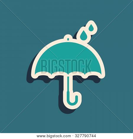 Green Umbrella And Rain Drops Icon Isolated On Blue Background. Waterproof Icon. Protection, Safety,