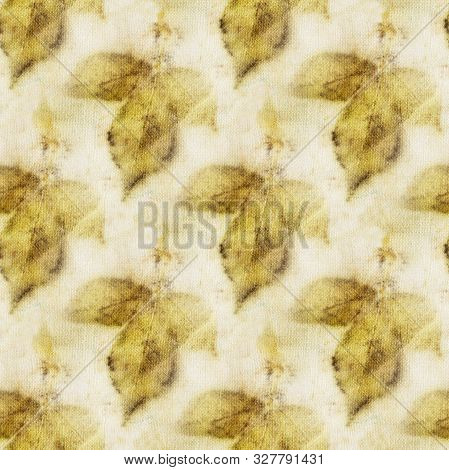 Seamless Botanical Print With Leaf Prints On Natural Silk. Hand-drawn Illustration.