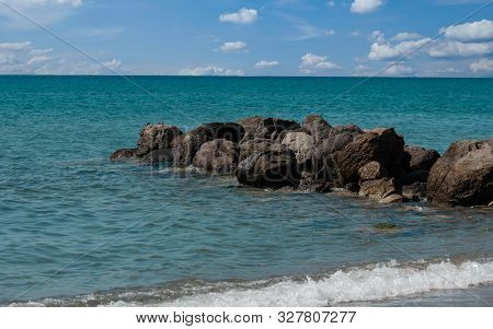 Mediterranean Sea And Volcano In Horizon In The South On The Island Of Kos Greece