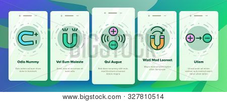 Magnet Power Onboarding Mobile App Page Screen Set Vector Thin Line. Negative And Positive, Magnetic