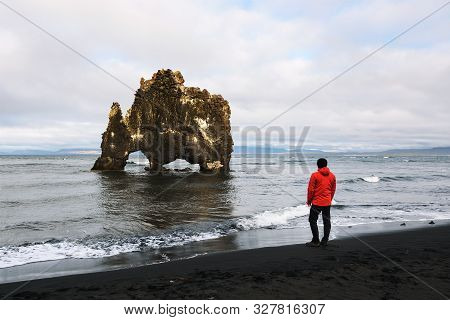Tourist Looks At The Hvitserkur Basalt Stack In Northern Iceland. Hvitserkur Is A Spectacular Rock I