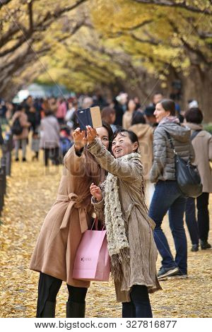 Tokyo, Japan - November 30, 2016: People Celebrate Ginkgo Avenue Autumn Foliage In Tokyo, Japan. Ich
