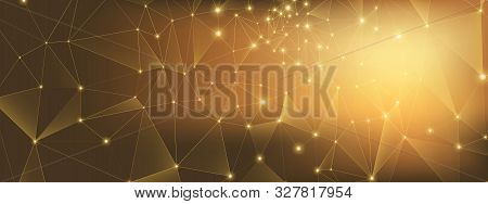 Glow Technology Business. 3d Big Data. Gold Depth Network. High Triangular Background. Metal Technol
