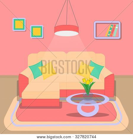 Cute Living Room Interior Design With Furniture, Bookshelf, Vase With Flowers, Books, Pictures In Pi