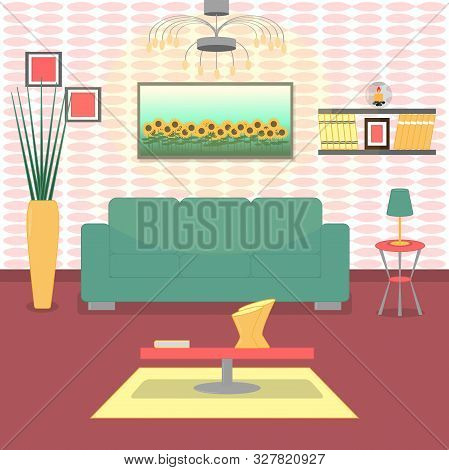 Cute Living Room Interior Design With Furniture, Bookshelf, Vase With Flowers, Books, Picture. Moder