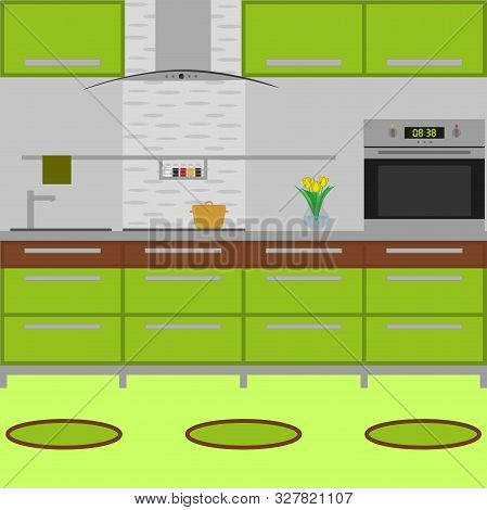 Modern Cozy Kitchen Interior With The Fridge.