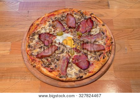 Traditional Pizza With Proscuitto And Egg Italian Cuisine
