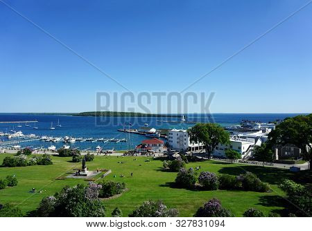 Mackinac Island, Michigan / United States - June 11, 2018:: A View Of Marquette Park, The Mackinac I
