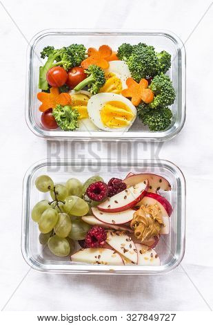 Healthy Diet Snack, Breakfast Lunch Box On Light Background, Top View. Boiled Egg, Fresh Vegetables 