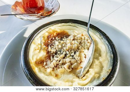 Traditional Turkish Dessert Rice Pudding.close Up Ready To Eat Turkish Rice Puding Sutlac.