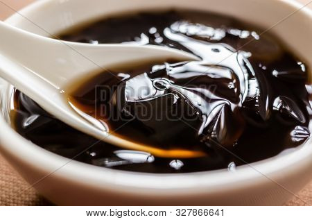 traditional Taiwanese snacks of mesona black herbal tea in a bowl