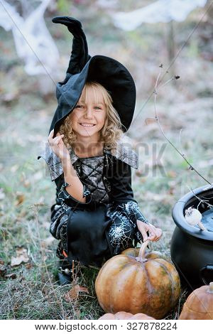 Beautiful Girl Witch. Little Girl In Which Costume Celebrate Halloween Outdoor And Have Fun. Kids Tr