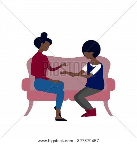 Black Couple Of Two Women Are Talking Sitting On Sofa. Flat Style Stock Vector Illustration