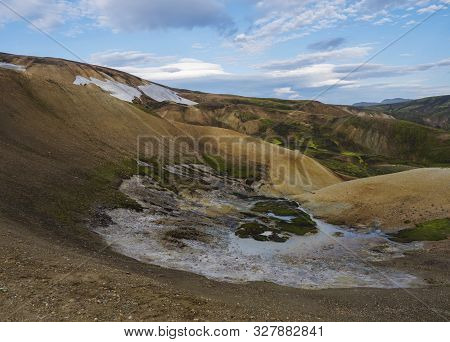 Panorma Of Colorful Rhyolit Landmannalaugar Mountain With Multicolored Volcanos And Sulphur Pool Wit