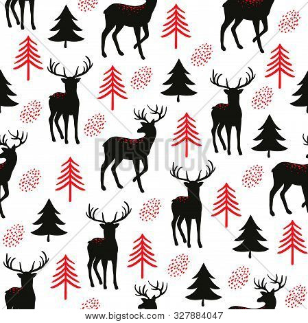 Christmas Seamless Pattern With Cute Golden Deer And Fir Trees. Vector Print For Textile Or Paper. H