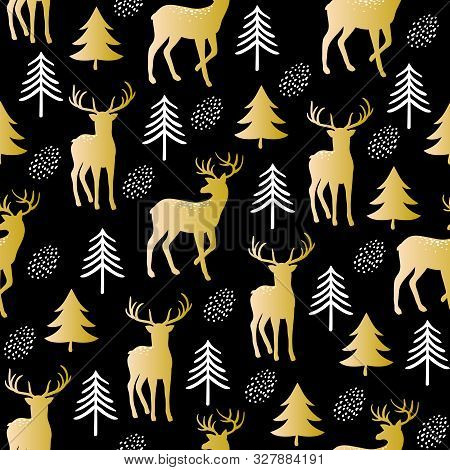 Christmas Seamless Pattern With Cute Golden Deer And Fir Trees. Vector Print For Textile Or Paper. H