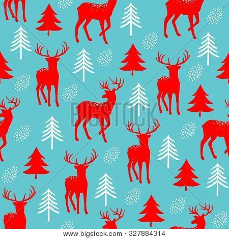 Christmas Seamless Pattern With Cute Golden Deer And Fir Trees. Vector Print For Textile Or Paper. H