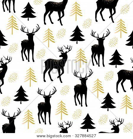 Christmas Seamless Pattern With Cute Golden Deer And Fir Trees. Vector Print For Textile Or Paper. H