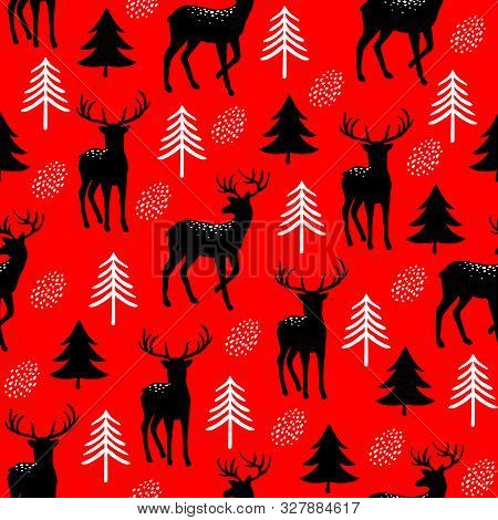 Christmas Seamless Pattern With Cute Golden Deer And Fir Trees. Vector Print For Textile Or Paper. H