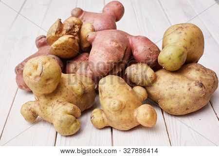 Ugly Organic Abnormal Vegetables, Weird Potatoes. Space For Text. The Concept Of Organic Vegetables.