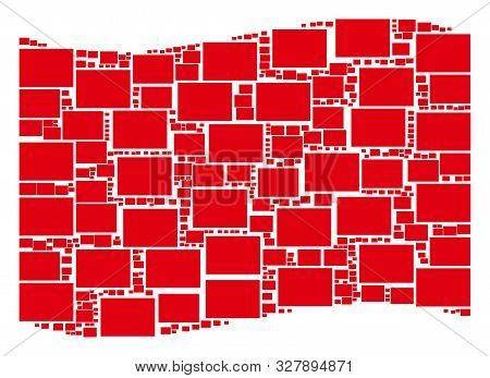 Waving Red Flag Collage. Vector Filled Rectange Design Elements Are Arranged Into Mosaic Red Waving 