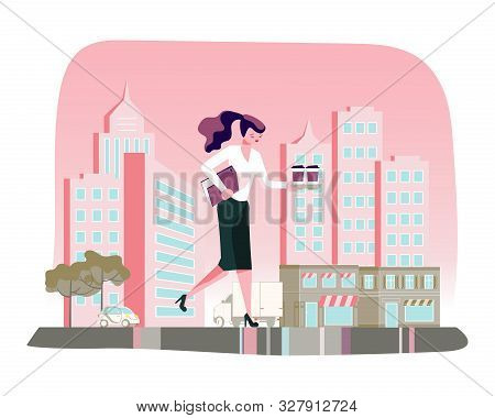 Happy Successful Business Woman With Coffee To Go On The City Street. Flat Art Vector Illustration