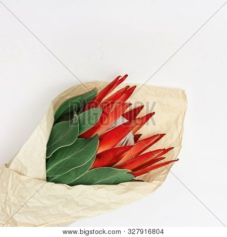 Exotic Big Flower Protea With Red Petals And Green Leaves On Lignt Background. Bouquet Of Flowers In