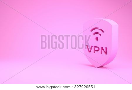 Pink Shield With Vpn And Wifi Wireless Internet Network Symbol Icon Isolated On Pink Background. Vpn