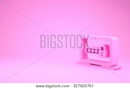 Pink Laptop With Password Notification And Lock Icon Isolated On Pink Background. Security, Personal