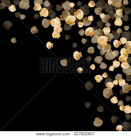 Gold Seashells Vector, Golden Pearl Bivalved Mollusks. Aquatic Scallop, Bivalve Pearl Shell, Marine 