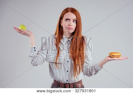 Redheared Hungry Business Woman In Striped Shirt Eating Usa Burger Visa Traveler White Background St