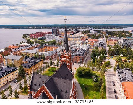 Lulea, Sweden - July 05, 2019: Panorama City, Cathedral Sunny Day, Blue Sky