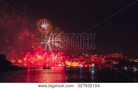 Malta Valletta Night Festival Of Fireworks. Travel Concept