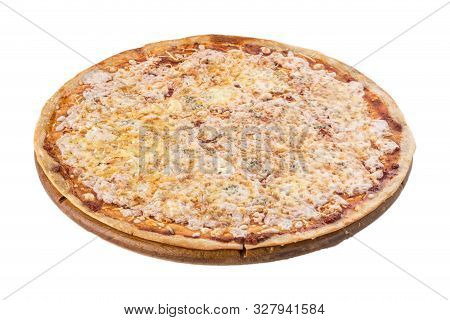 Quattro Formaggio Whole Italian Pizza With Four Sorts Of Cheese On Wooden Board Isolated On White Ba