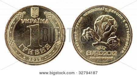 Euro 2012. Ukrajinské mince 1 Hřivna na bílém pozadí (rok 2012)