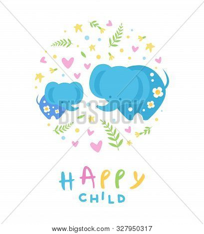 Happy Child Banner Template, Pink Mother And Kid Elephants, Cute Childish Poster, Greeting Or Invita