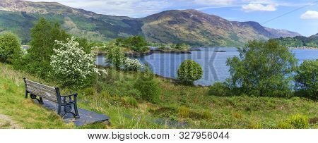 Panoramic Image Of Beautiful Loch Leven Viewing Eilean Munde Or The Burial Island In Summer , Glenco