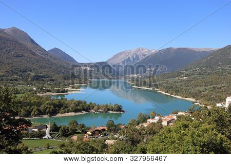 Barrea, Italy - 12 October 2019: Lake Barrea And The Mountain Village