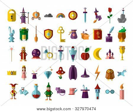 Flat Vector Set Of Fabulous Magical Halloween Items. Book, Magic Ball, Wizard Hat, Bottles With Elix
