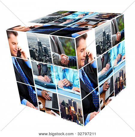 Grupo de empresarios. fondo del collage de cubo.