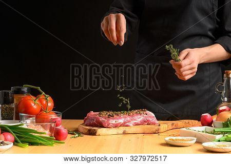 Pork Steak And Green Herbs, Rosemary And Thyme From The Chef In