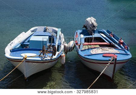 Traditional Colorful Wooden Fishing Boats At The Greek Island Of Donoussa. A Quiet Island In The Cyc
