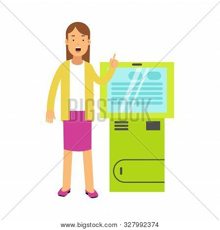 Young Girl Character Emploee Standing Near Atm Talking Vector Illustration