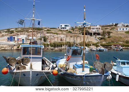 Traditional, Colorful Wooden Fishing Boats At Harbor On The Greek Island Of Donoussa. A Quiet, Small