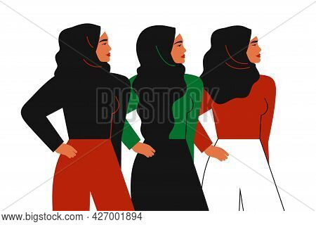 Muslim Business Women In Hijab Stand Together. Emirati Women's Day Greeting Background. Vector Illus