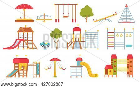Playground Equipment. Kids Park Carousels, Swings And Game Modules With Slides. Climbing Wall And Sa