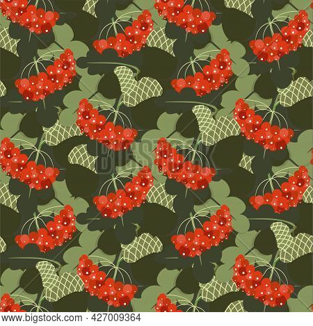 Acorn Leaves Seamless Green Red Viburnum Pattern Art Design Stock Vector Illustration For Web, For P