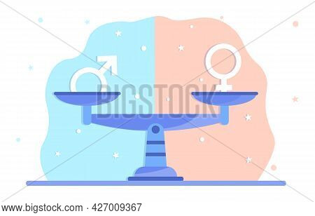 Gender Equality In Everything Concept. The Male And Female Signs On The Scales Balance Each Other. E
